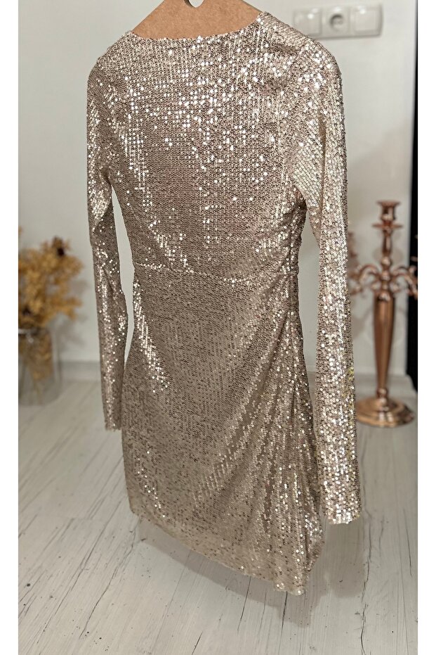 Pullu Payetli, Kruvaze Yaka, Yandan Drapeli, Mini Elbise - 5