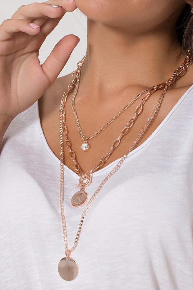 Rose Madalyonlu Üçlü Kolye - 1