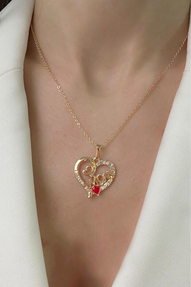 Gold Color Mother Mom Enamel Heart Figured Necklace