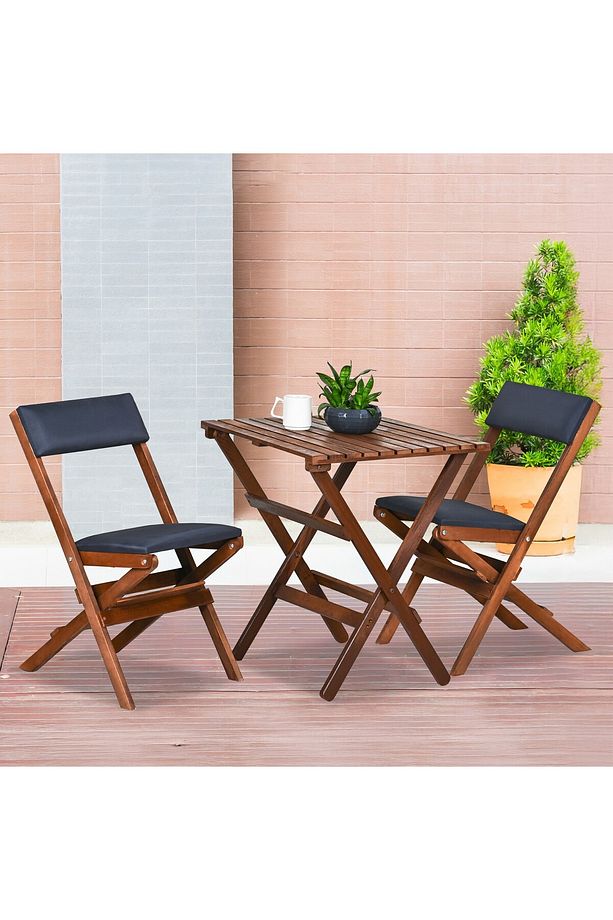 AHŞAP KATLANIR DÖŞEME MİNDERLİ 3 lü BİSTRO SET BAHÇE TAKIMI (CEVİZ-ANTRASİT) - 1