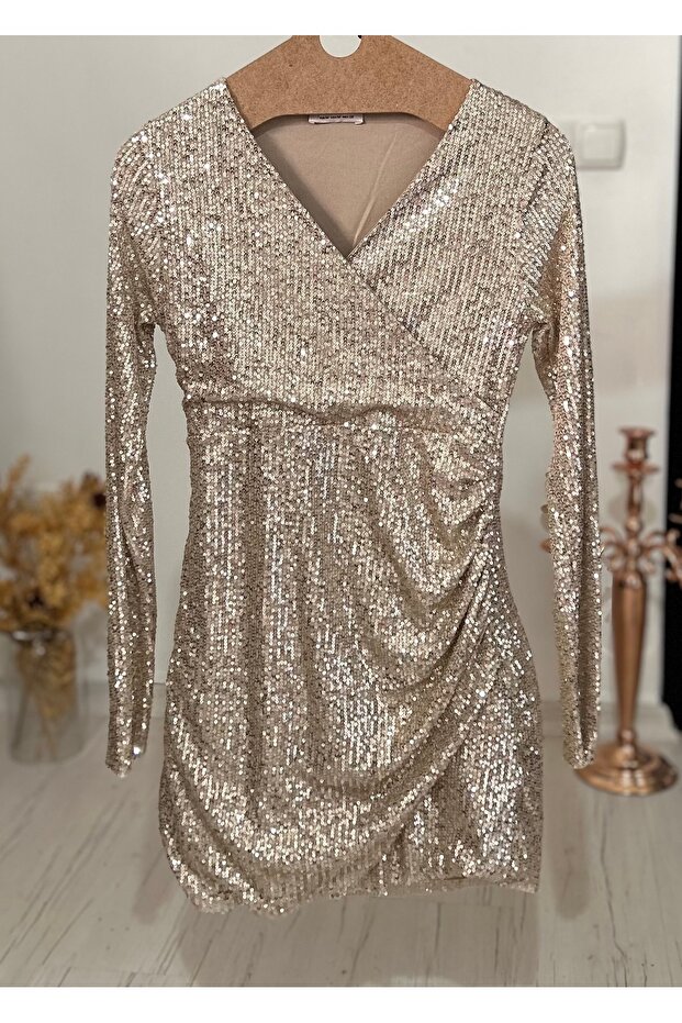 Pullu Payetli, Kruvaze Yaka, Yandan Drapeli, Mini Elbise - 6