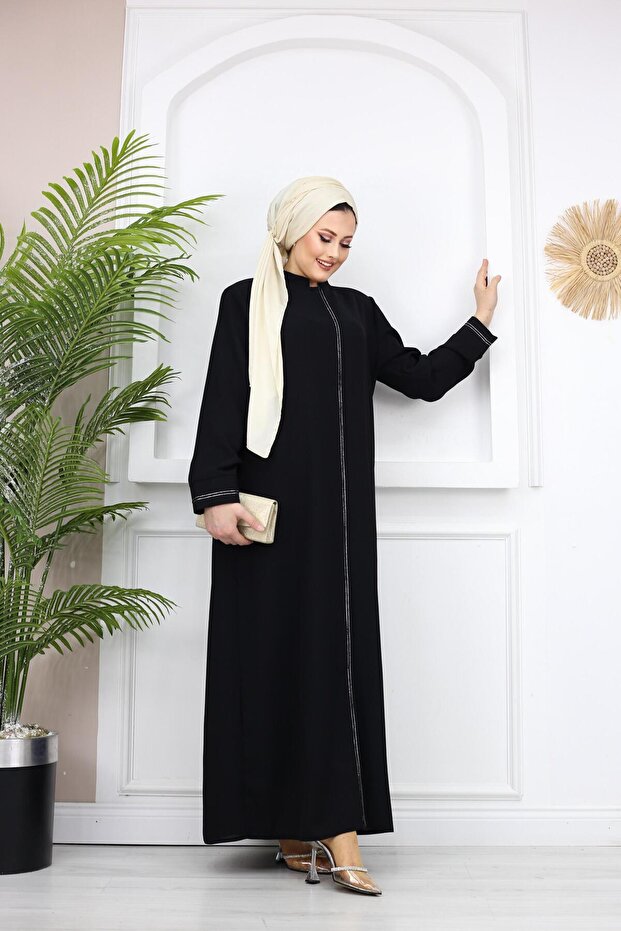 Şerit Detaylı Battal Beden Hüsna Feracce - 5