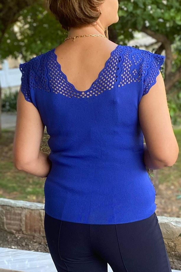 Kadın Saks Mavi Sıfır Kol Ajurlu Triko Bluz - 6