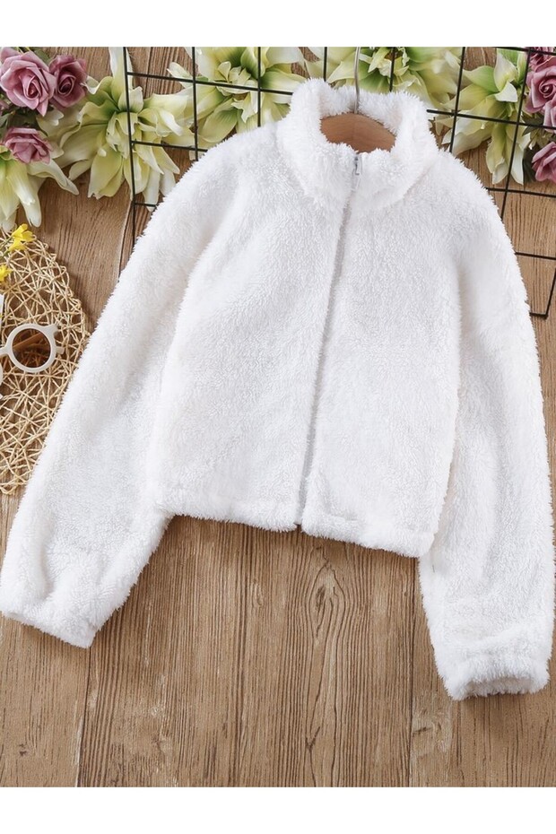 White Plush Thick Zipper Detailed Jacket