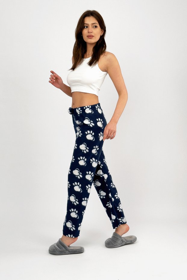 Navy Blue Paw Women's Fleece Pajama Bottoms Winter Elastic Waist Single Bottom