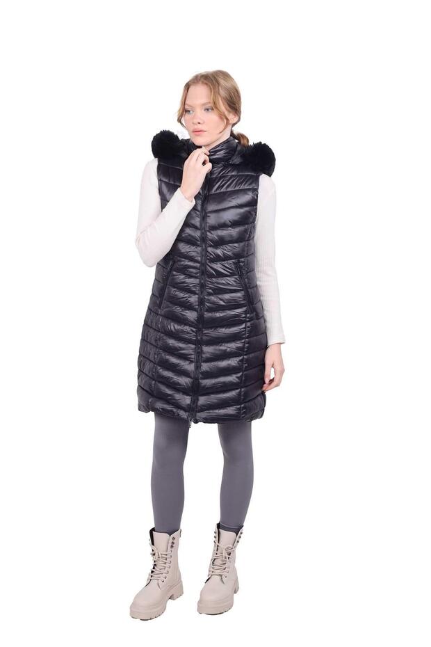 Vestă lungă cu glugă, model 8000, neagră - 2