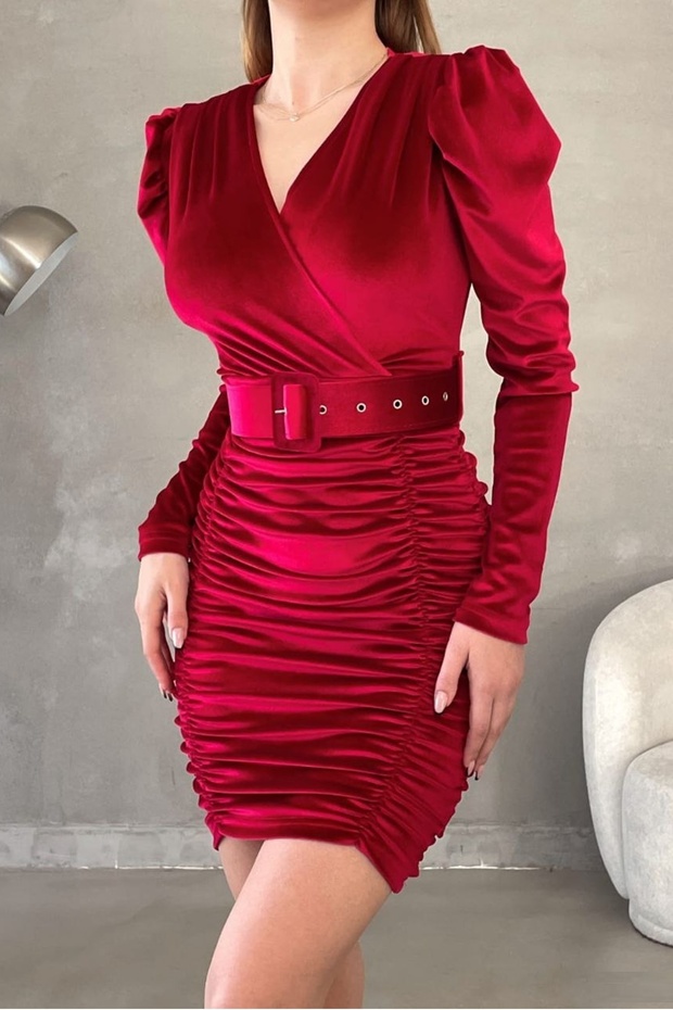 Front Draped Belt Detailed Flexible Velvet Fabric Long Sleeve Claret Red Velvet Dress 582015
