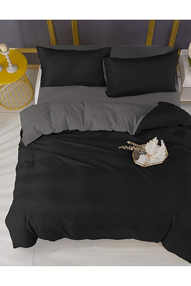 Double Black Gray Duvet Cover Set with Elastic Sheet