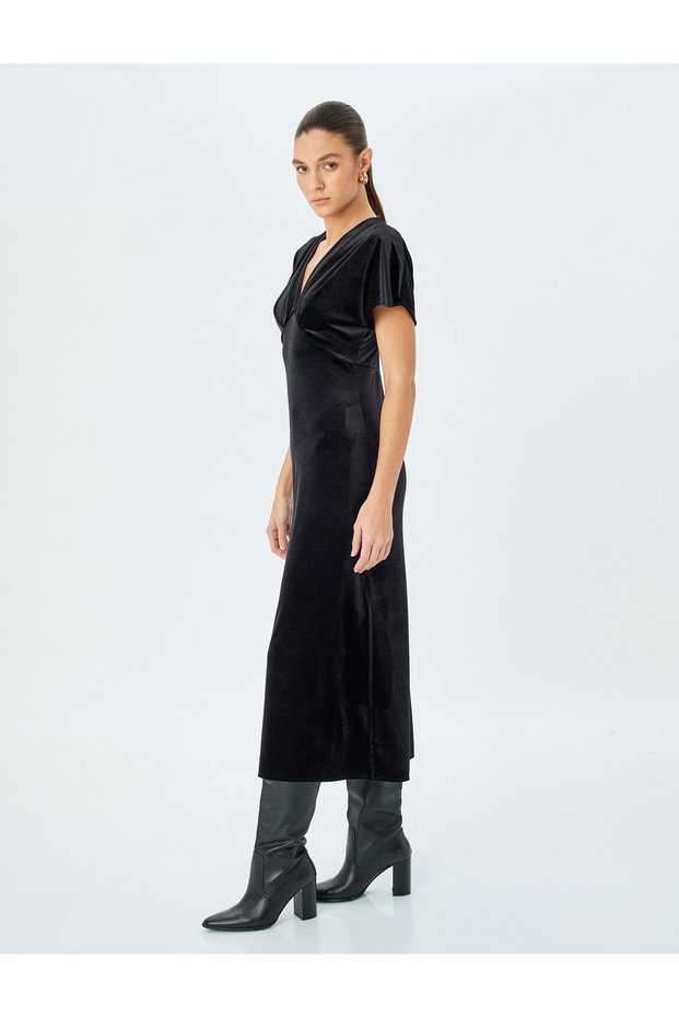 V Neck Slim Fit Bat Sleeve Midi Long Velvet Dress