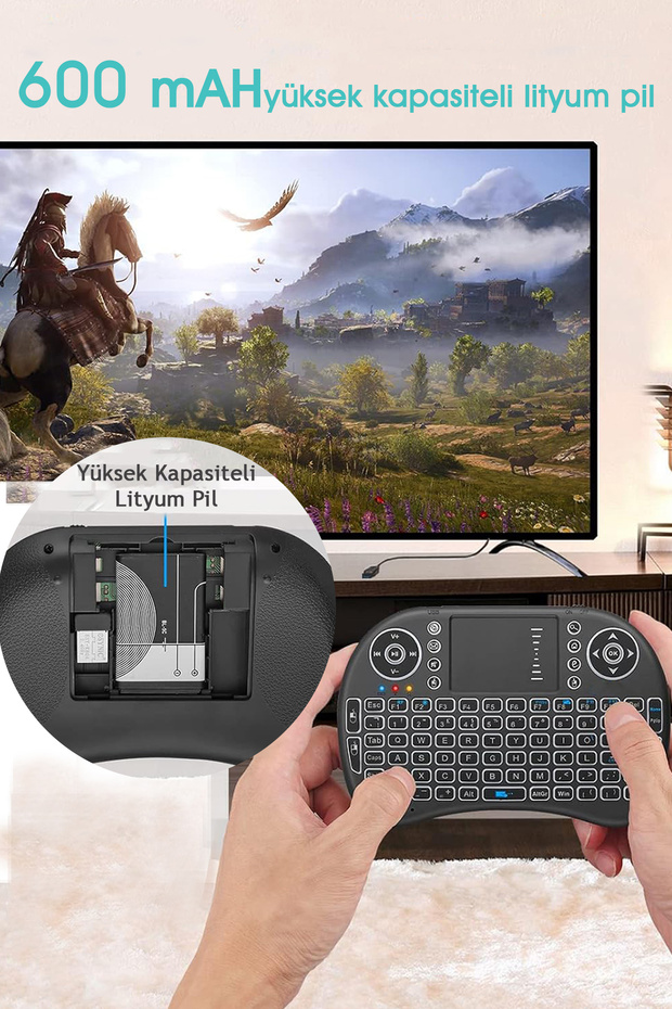 Türkçe Kablosuz Mini Klavye Lg Philips Samsung Vestel Tv Uyumlu Ledli Konsol Klavye Mouse - 7
