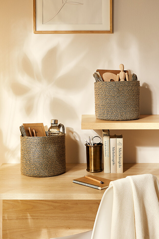 2-Piece Black Woven Closet Laundry Toy Organizer Jute Rope Storage Basket Organizer 26X22