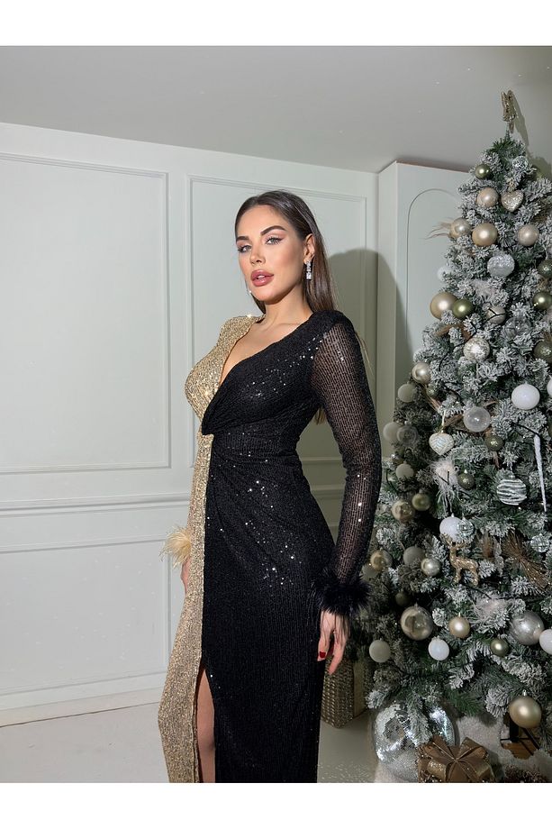 Kadın Gold  Simli Pul Payet Kumaş  Kollar Otriş  Detay Astarlı Tasarım Elbise - 3