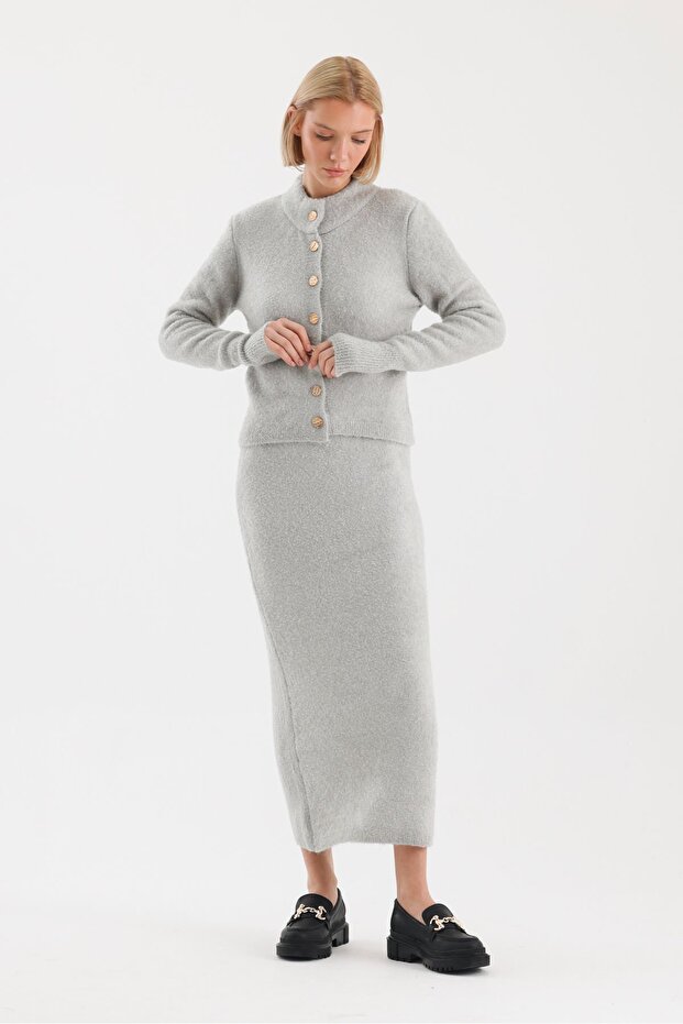 Buklet Bisiklet Yaka  Etek Hırka Triko Takım-STD - Taş - 2