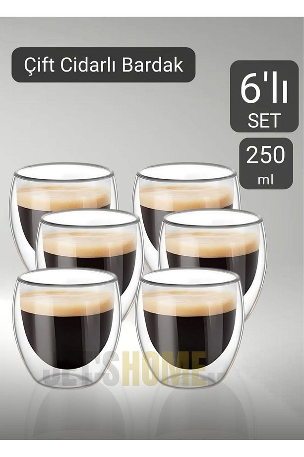 6’lı Set Cappuccino Bardağı Latte Bardağı Çift Cidarlı Bardak Americano Bardağı 250 ml Kahve Bardağı - 1