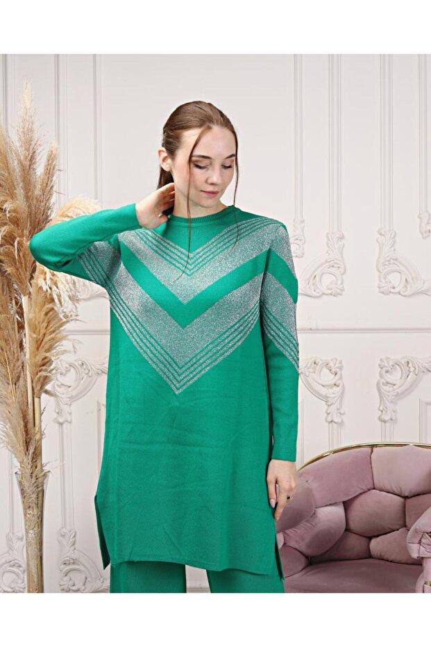 2-Piece Set for Women - Long Knitwear, Print Tunic, Knitwear Sweater and Pants