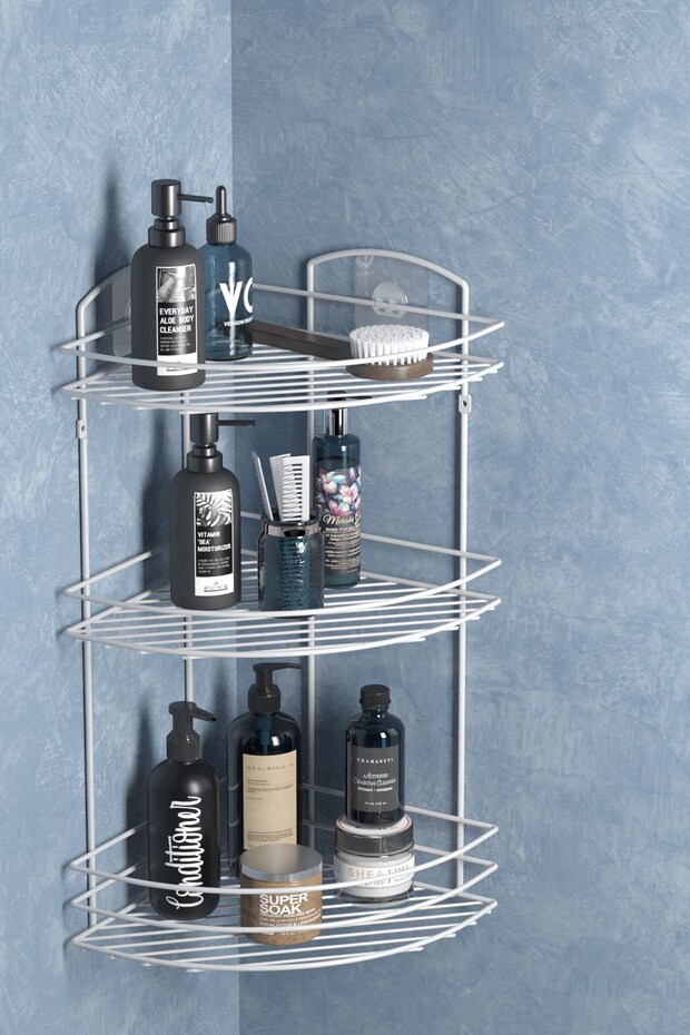 Teknotel Bathroom Organizer Shampoo Dispenser Soap Holder 3-Tier Adhesive Bathroom Shower Shelf White St033