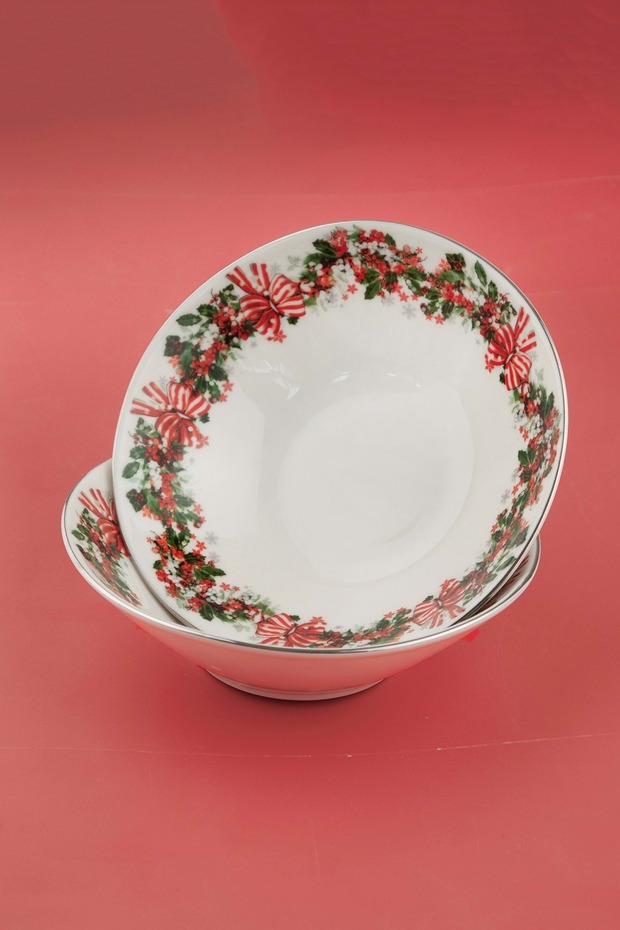 Porcelain Double Bowl with Ornaments Silver Edge
