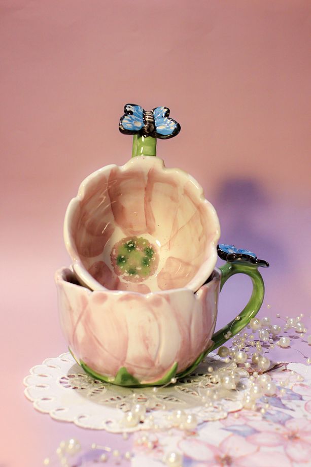 El Yapımı Bardak 200 ml, Pembe Gül Görünümlü Bardak, Kelebekli Kupa, Çiçek Görünümlü Bardak, - 3