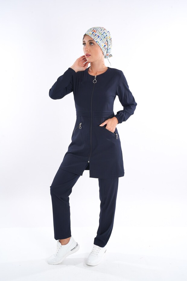 Almond Model Soft Lycra Zippered Navy Blue Surgical Doctor Nurse Uniform Suit