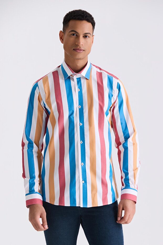 Cobalt Blue Slim Fit Striped 100% Cotton Shirt