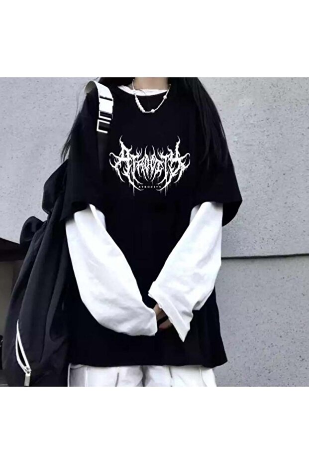 Harajuku Gothic Atrocity Black White Sleeve Detail Long Sleeve Tshirt