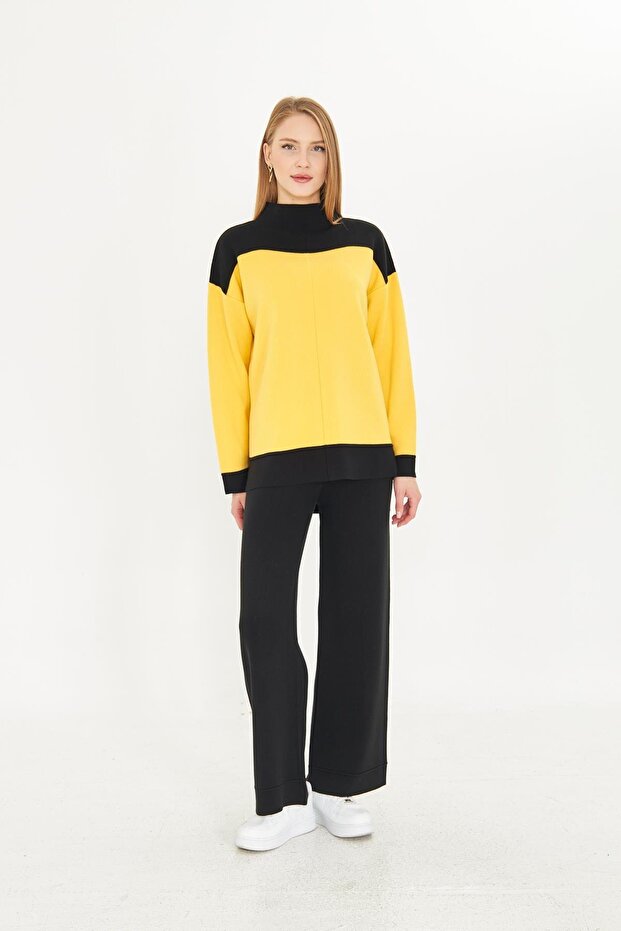 Oversize Knitwear Top and Bottom Tracksuit Set 1309 Black-Yellow