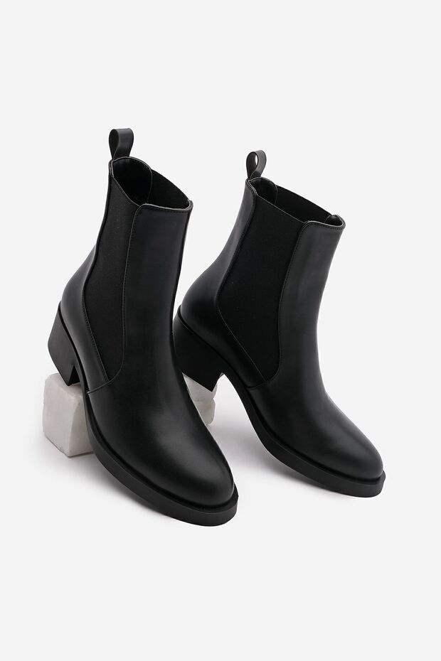 Women's Elastic Side Strap Heeled Casual Boots Espato Black