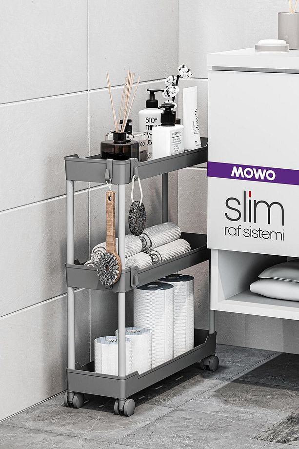 Slim 3 Katlı Tekerlekli Raf Ünitesi Gri, Banyo Rafı, Mutfak Rafı, Banyo Düzenleyici - 1