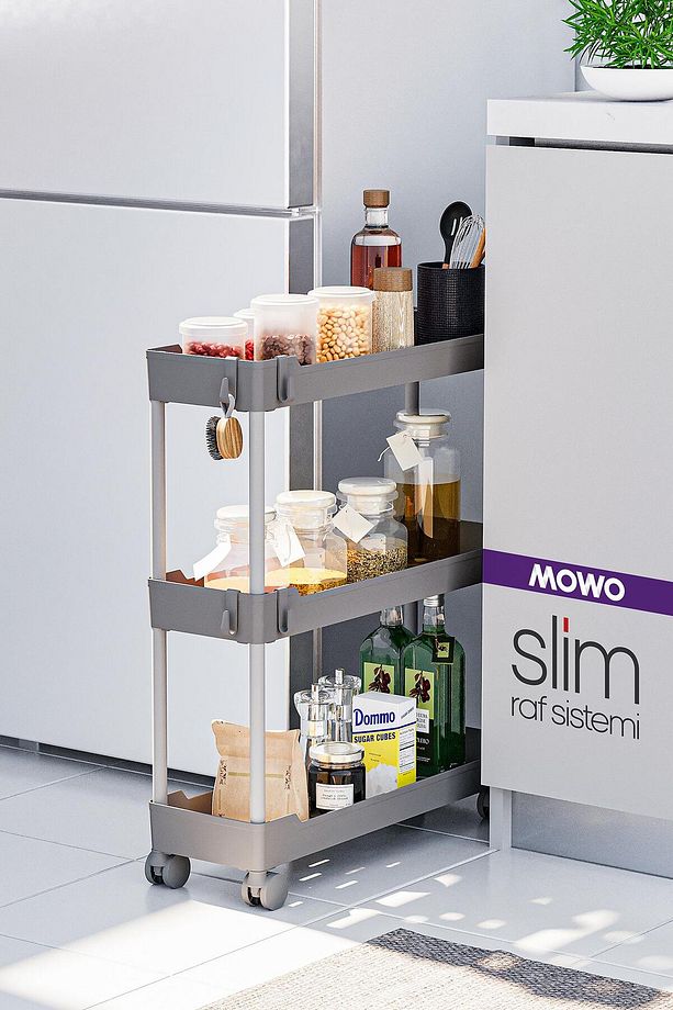 Slim 3 Katlı Tekerlekli Raf Ünitesi Gri, Banyo Rafı, Mutfak Rafı, Banyo Düzenleyici - 5