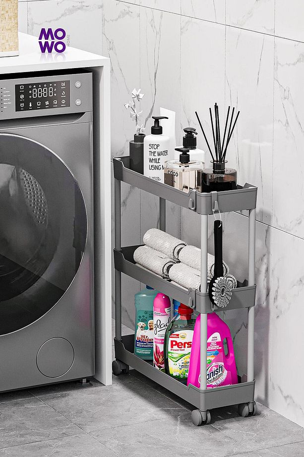 Slim 3 Katlı Tekerlekli Raf Ünitesi Gri, Banyo Rafı, Mutfak Rafı, Banyo Düzenleyici - 3