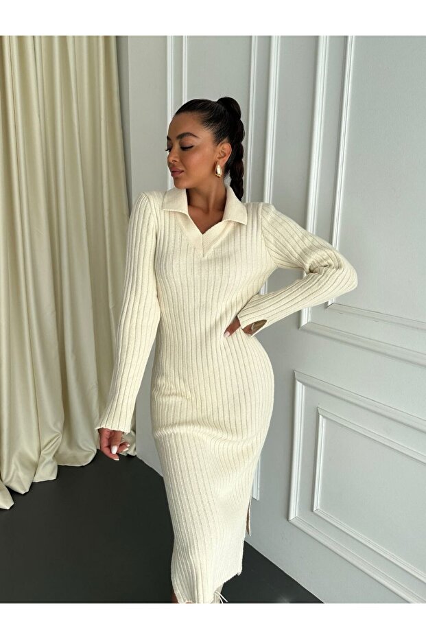 Wide Neckline and Slit Knitwear Dress - Cream