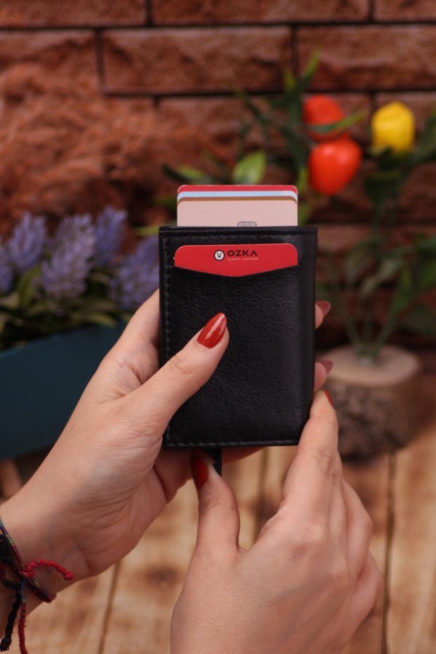 Faux Leather Mechanism Vegan Leather Card Holder Wallet Portfolio Black