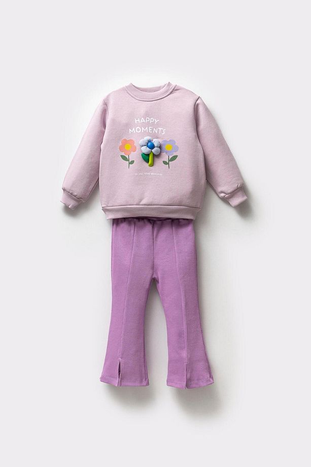 Kız Çocuk Çiçek Aplikeli Pamuklu Sweatshirt İspanyol Tayt Alt-Üst Takım - 1