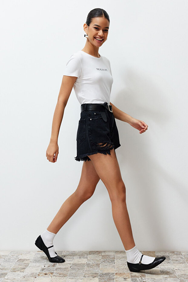 Siyah Yırtıklı Yüksek Bel Mini Denim Şort TWOSS22SR00030 - 2