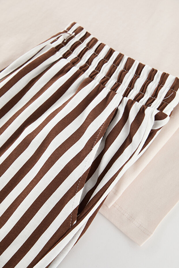 Bej - Kahve Regular Fit Çizgili Couple/Çift Örme Erkek Pijama Takımı TMNAW25PT00049 - 3