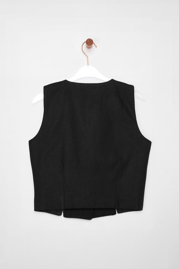 Siyah Fitted Keten Görünümlü V Yaka Crop Dokuma Yelek TWOSS25YE00028 - 11