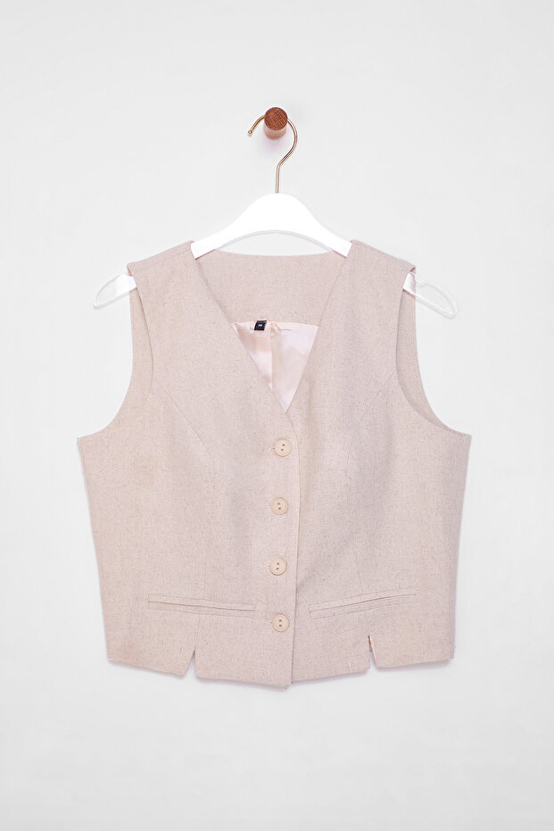 Bej Fitted Keten Görünümlü V Yaka Crop Yelek TWOSS25YE00028 - 6