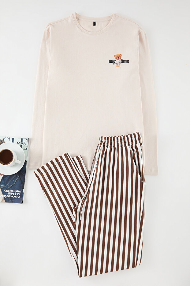 Bej - Kahve Regular Fit Çizgili Couple/Çift Örme Erkek Pijama Takımı TMNAW25PT00049 - 2