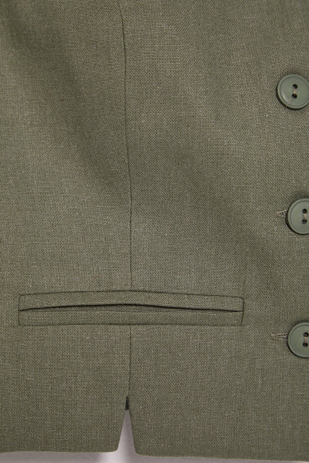 Açık Haki Fitted Keten Görünümlü V Yaka Crop Dokuma Yelek TWOSS25YE00028 - 8