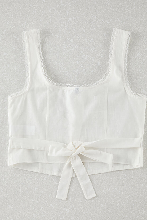 Beyaz Kare Yaka Askılı Crop Dokuma Bluz TWOSS25BZ00118 - 9