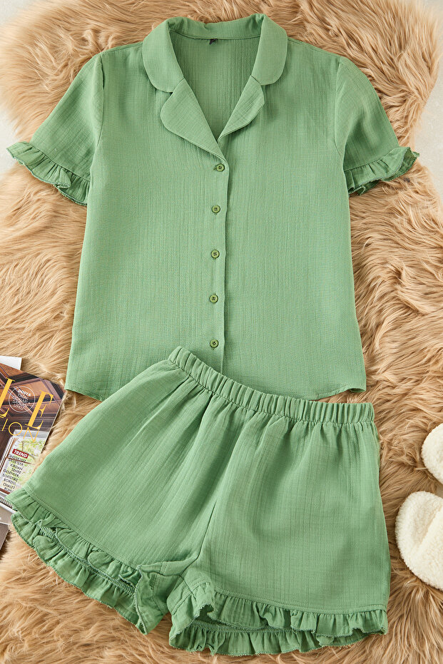 Yeşil %100 Pamuklu Fırfırlı Müslin Şortlu Dokuma Pijama Takımı THMSS25PT00034 - 6