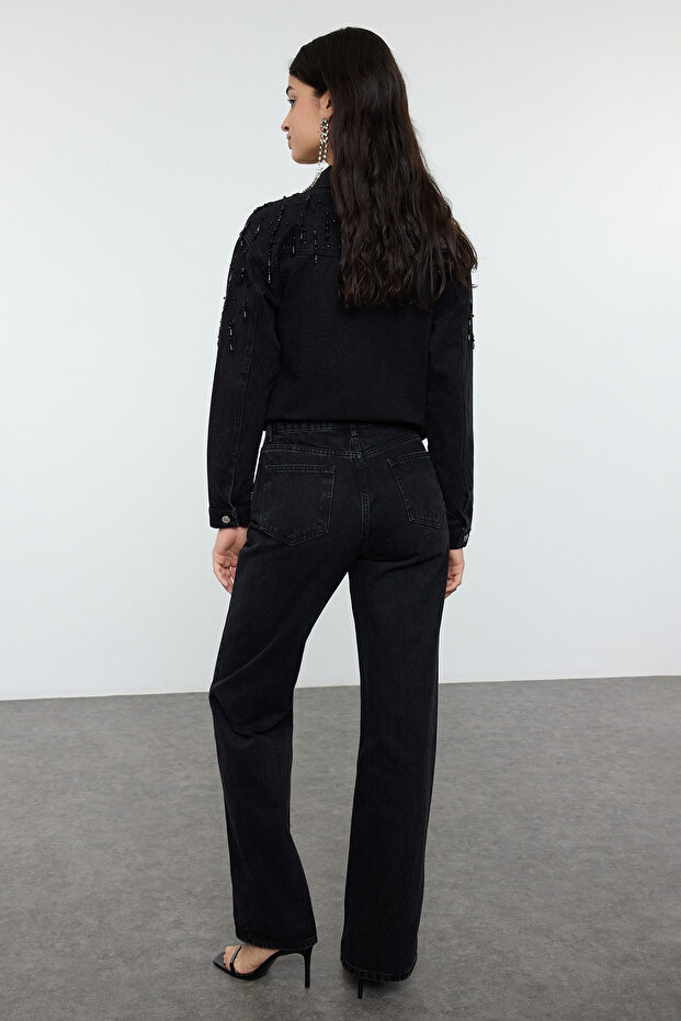 Široké nohavice s vysokým pásom a detailom vrecka z čierneho kameňa TWOSS25JE00002 - 5