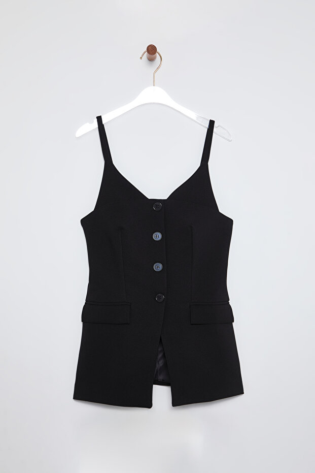 Siyah Fitted Askılı V Yaka Cepli Dokuma Yelek TWOSS25YE00024 - 3