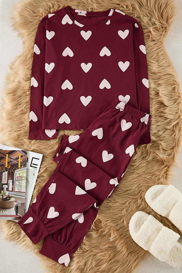 Bordo %100 Pamuklu Kalpli Örme Pijama Takımı THMAW21PT0566 - 2