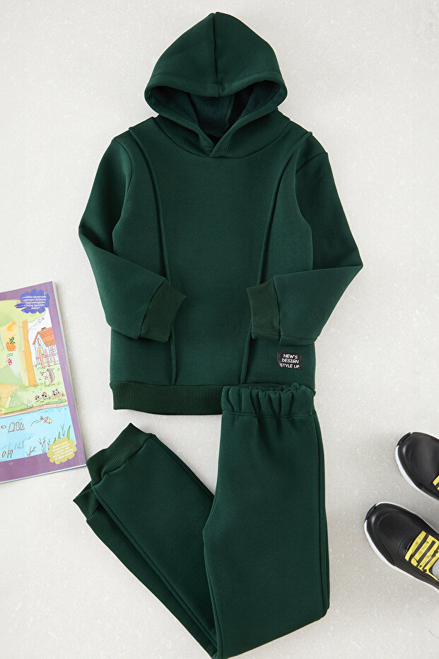 Petrol Pamuklu Düz Kapüşonlu Örme Erkek Çocuk Sweatshirt ve Eşofman Alt-Üst Takım TKDAW25AU00058 - 2