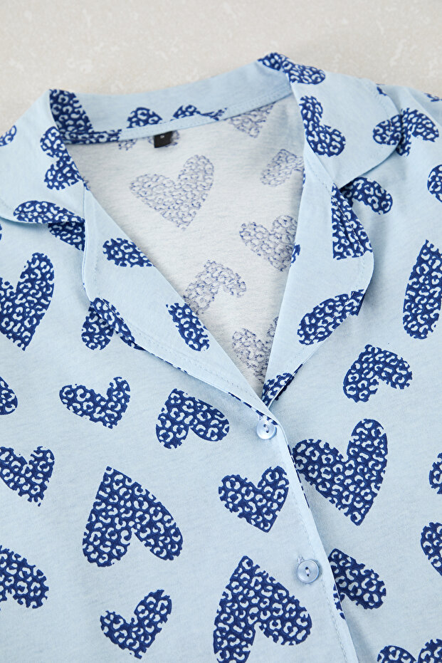 Açık Mavi %100 Pamuklu Leopar Kalpli Örme Pijama Takımı THMAW25PT00142 - 6