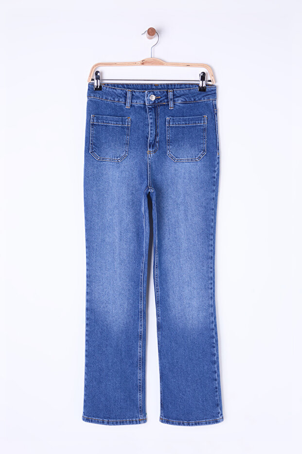 Mavi Ütü İzli Cep Detaylı Normal Bel Comfort/Esnek Crop Flare Jeans TWOSS25JE00031 - 7