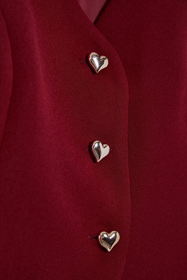 Bordo Fitted Crop Kalpli Düğmeli Dokuma Yelek TWOSS25YE00015 - 9