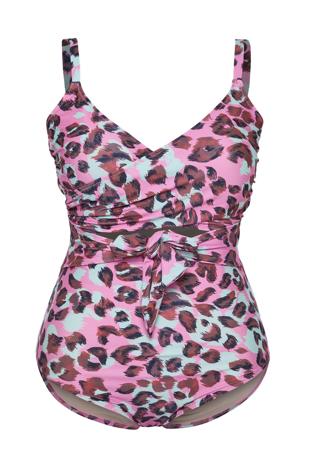 Többszínű mély V kivágott részletes leopárdmintás nagy méretű fürdőruha TBBSS25AM00011 - 6