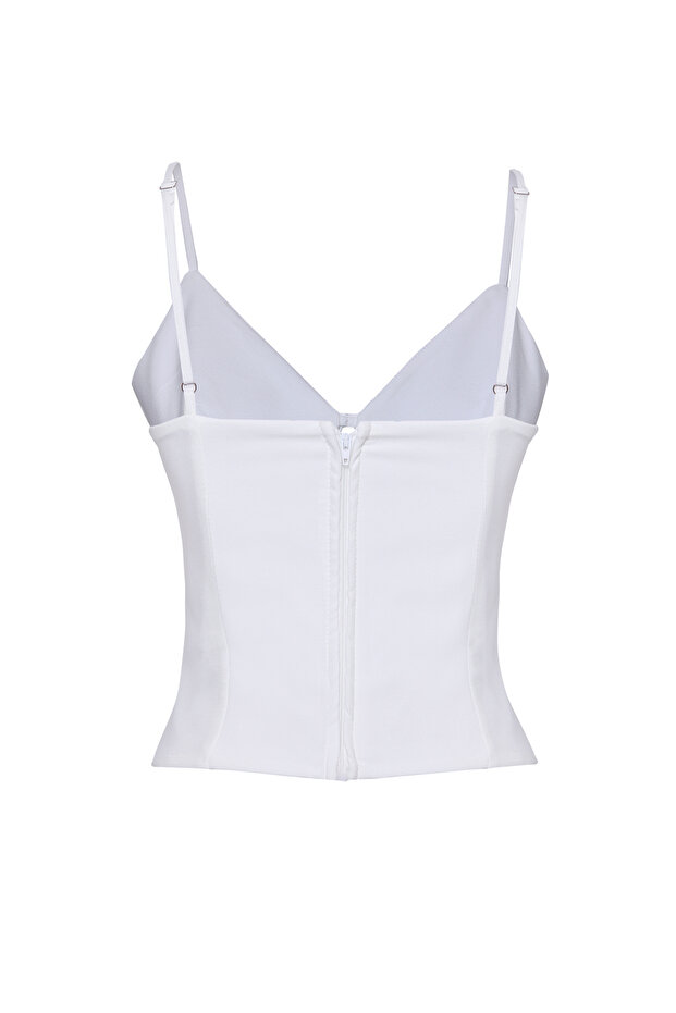 Beyaz V Yaka Askılı Crop Dokuma Bluz TWOSS25BZ00106 - 8